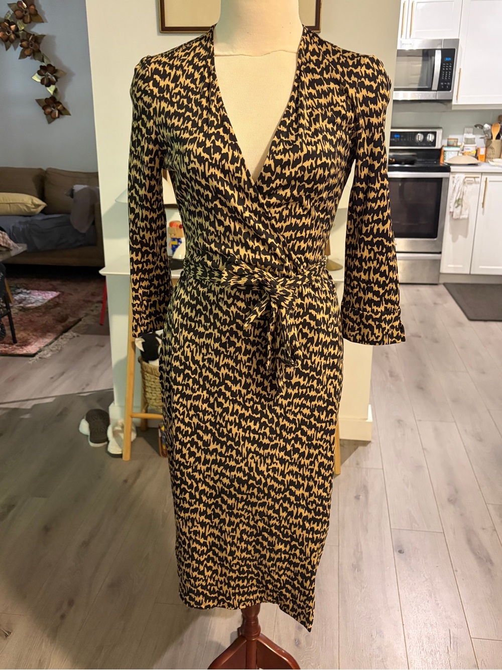 Diane Von Furstenberg Black and Tan Printed Silk Wrap Dress